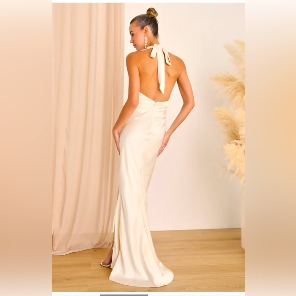 Lulus Start of Forever Ivory Satin Halter Mermaid Maxi Dress